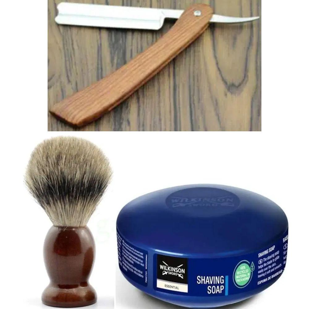 Небезпечна бритва/шавета розкладна Straight Razor + помазок SHIMA + мило для гоління Wilkinson Essential 125г, фото 1