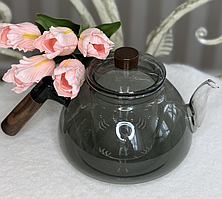 🖤Заварювальний чайник з жароміцного скла 800 мл, прозора кришка, дерев'яна ручка, Чорний