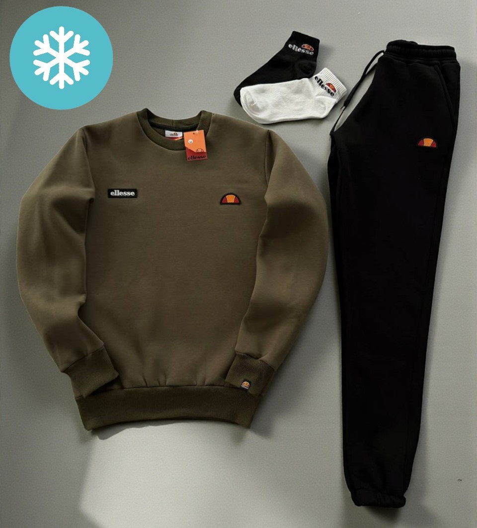 Теплий спортивний костюм чоловічий Ellesse зимовий осінь-зима на флісі хакі Туреччина. Живе фото, фото 1