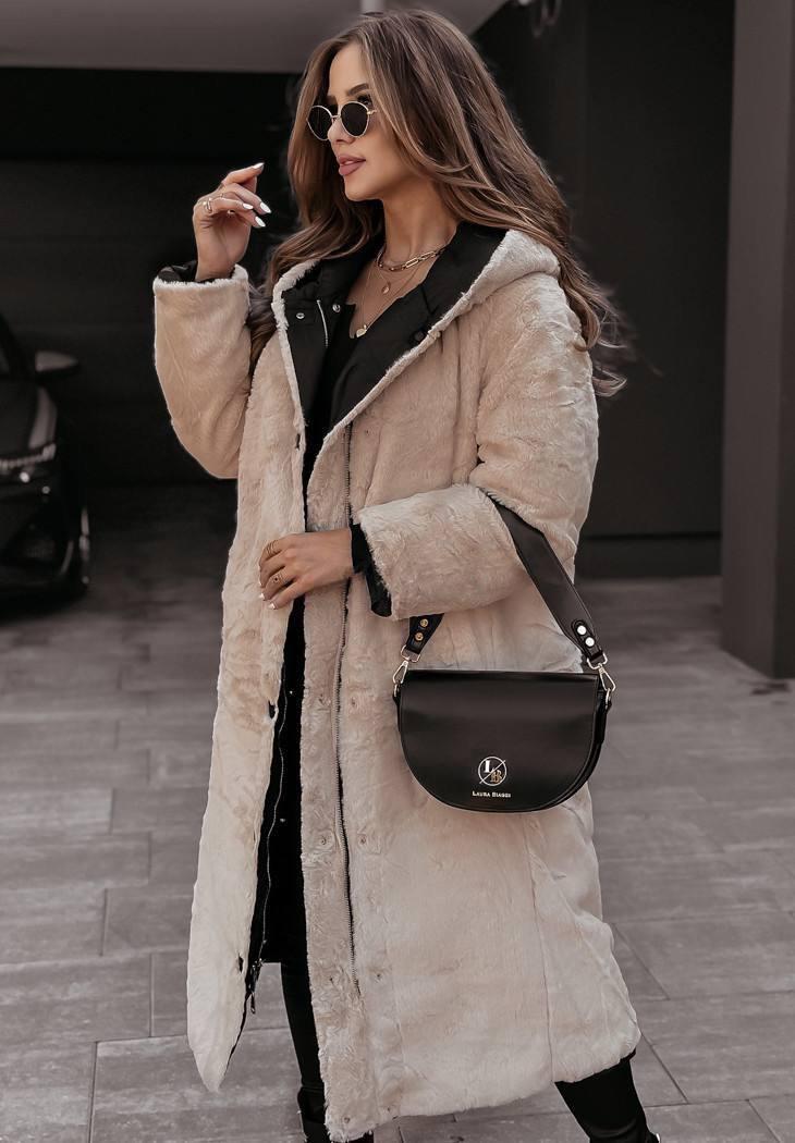Подовжене пальто на хутрі Модель: 1422-177 Колір: бежевий, чорний, фото 1