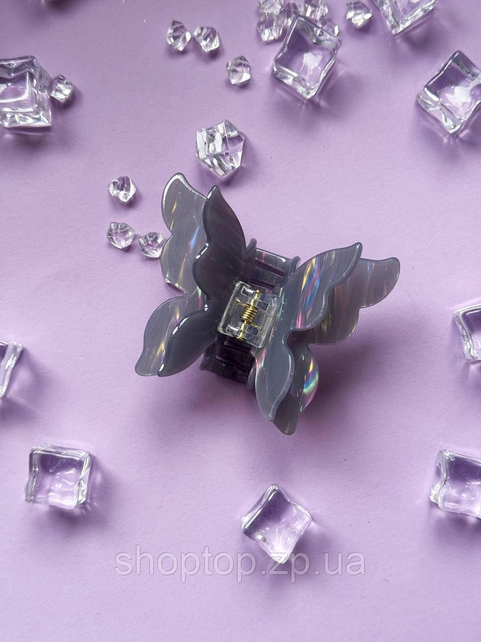 Заколка-крабик для волосся метелик з подвійними крилами сірий, фото 1