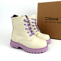 Зимові черевики для дівчинки молочні з лавандовими шнурівками Clibee