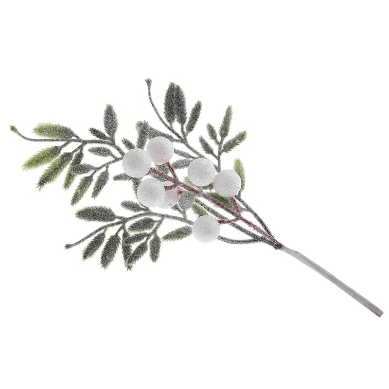 Флористичний декор 35 см Декоративна гліттерна гілка із зеленим листям і білими ягодами