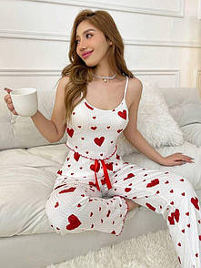 Піжама Серцепад набір майка і штани жіночий домашній м'який комплект в червоні серця в рубчик білий S