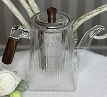 🤍Заварювальний чайник з жароміцного скла 950 мл, дерев'яна ручка, металева кришка, Прозорий