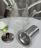 🤍Заварювальний чайник з жароміцного скла 750 мл, дерев'яна ручка, металева кришка, Прозорий, фото 2