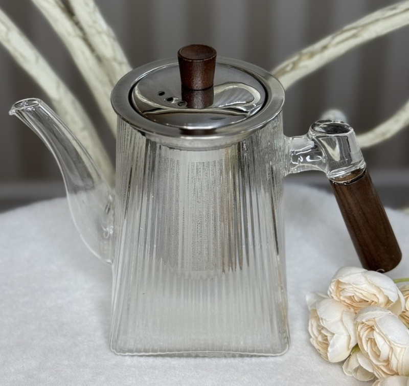 🤍Заварювальний чайник з жароміцного скла 750 мл, дерев'яна ручка, металева кришка, Прозорий, фото 1