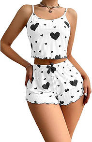 Піжама в рубчик Серцепад жіночий домашній мягкий комплект майка та шортики в чорні серця S