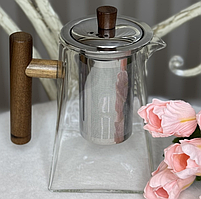 🤍Заварювальний чайник з жароміцного скла 800 мл, дерев'яна ручка, металева кришка та ситечко, Прозорий