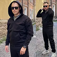 Теплий спортивний костюм для чоловіків зимовий із тринитки на блискавці кофта та штани на флісі чорний