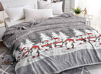 Плед-покривало (Фліс) | Плед від виробника "Королева Ночі" | 150х220 | Пінгвіни зі сніжинками на сірому