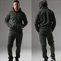 Чоловічий зимовий спортивний костюм на блискавці із тринитки кофта та штани на флісі хакі