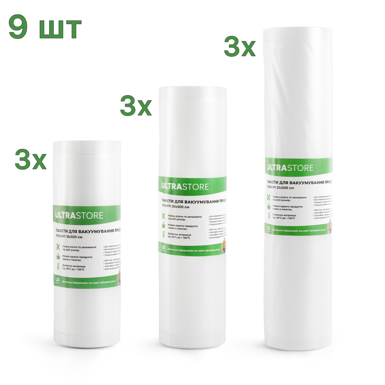 Пакети для вакууматора набір 9 рулонів 15 20 25 см х 500 см вакуумні пакети, фото 1
