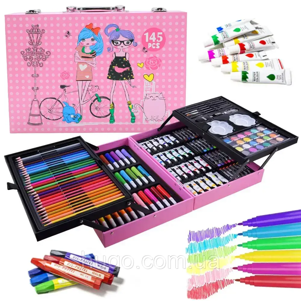 Художній комплект у кейсі для творчості Котики, 145 елементів / Дитячий набір для творчості / Художній набір, фото 1