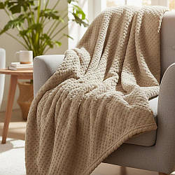 Плед Akustik bej, мікрофібра, 200×220 см, бежевий / Плед євро / Фланелева ковдра