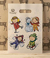 Пакети новорічні з прорубною ручкою 22х30 "Діти" подарункові поліетиленові пакети для магазинів сувенірів і подарунків 50 штук