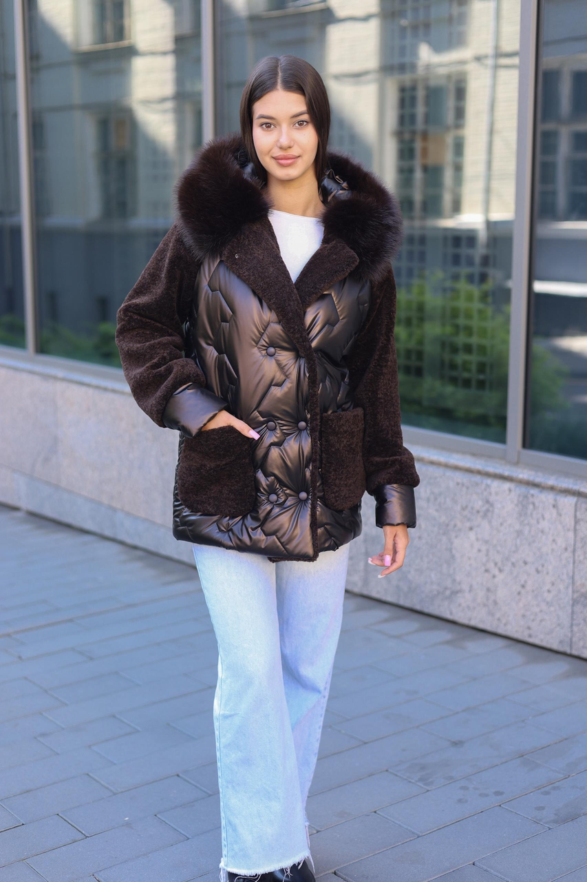 Стильна комбінована коротка куртка К-308 кап шоколад, фото 1