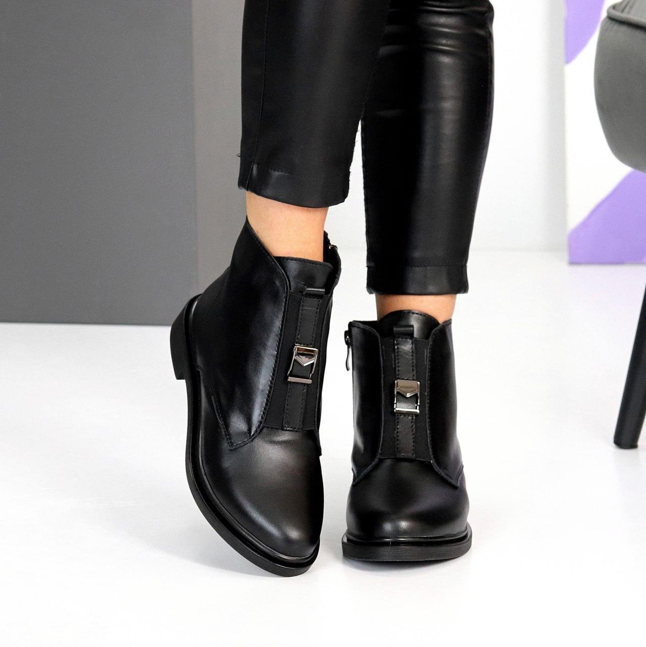 Жіночі шкіряні зимові черевики класичні чорні натуральна шкіра, фото 1