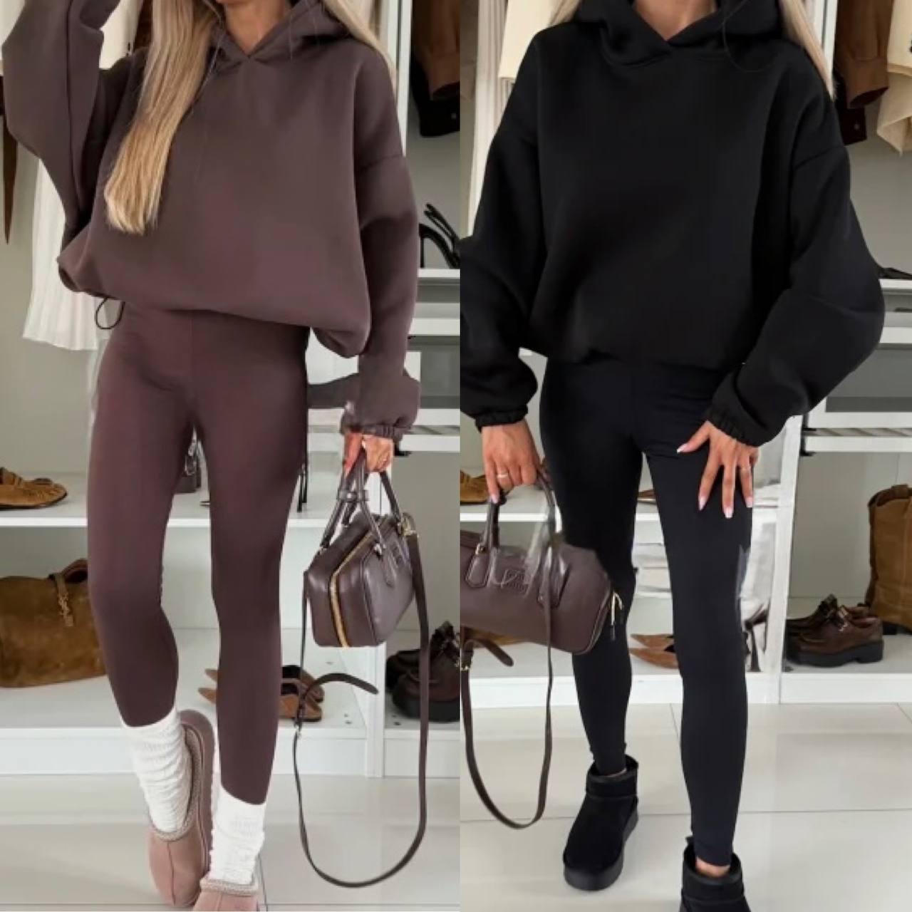 Костюм 2-ка худі oversize + лосини Модель: 771/772-1122 Тканина: тринитка на флісі + дайвінг на флісі Колір: шоколад, чорний, фото 1