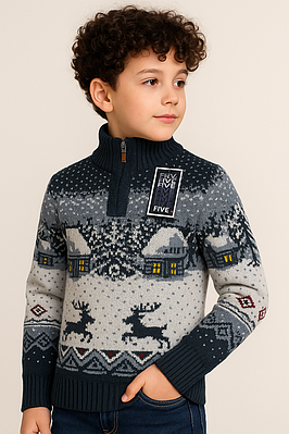 Светр FIVE для хлопчика 7-15 років теплий вовняний, зимовий візерунок,Синій 146