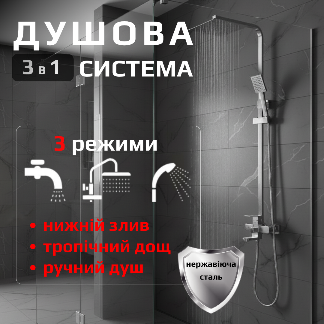 Душова система з нержавіючої сталі з тропічним верхнім і ручним душем, душова система зі змішувачем, фото 1