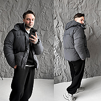 Чоловіча куртка осінь-зима плащівка темно-сіра з капюшоном тепла еко-пух балонова графіт