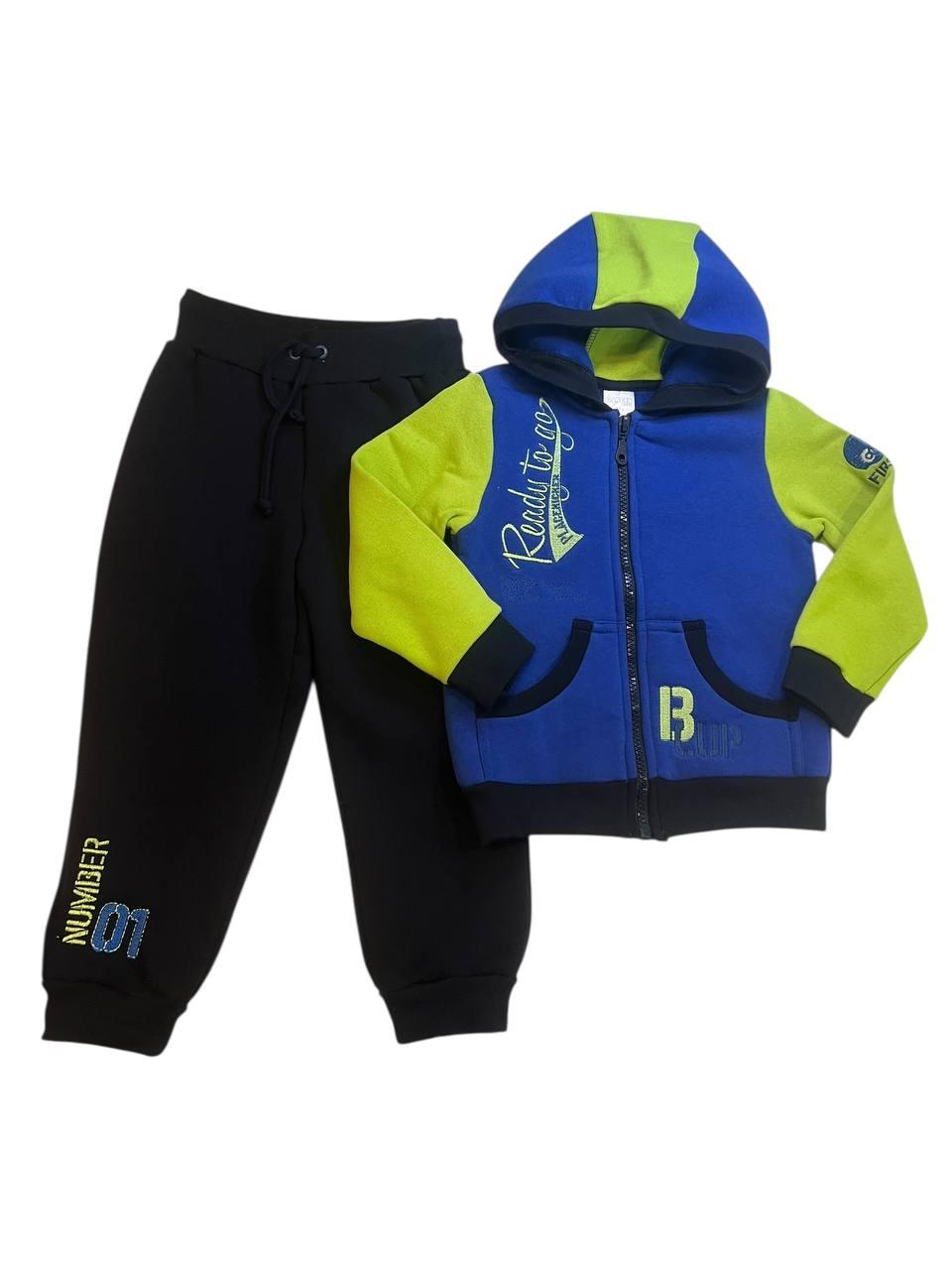 Дитячий теплий спортивний костюм для хлопчика на флісі | Синьо-салатовий | Розмір 92 | Україна, фото 1