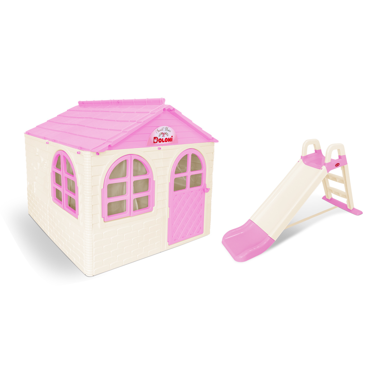 НАБІР Дитячий середній ігровий пластиковий будиночок зі шторками і дитяча пластикова гірка ТМ Doloni, фото 1