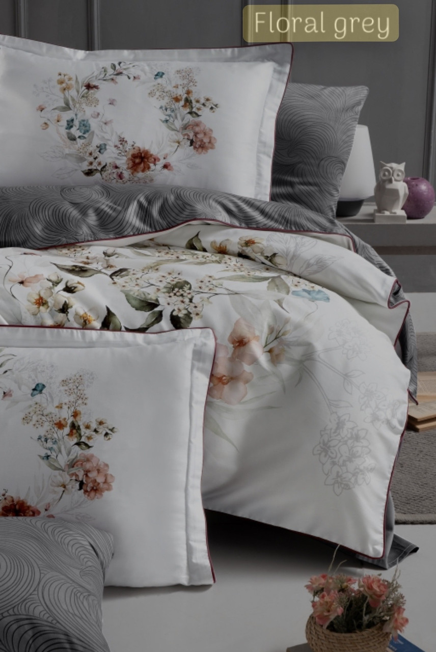 Постільна білизна сатинова La Romano Premium 300 TC євро розмір Floral grey, фото 1