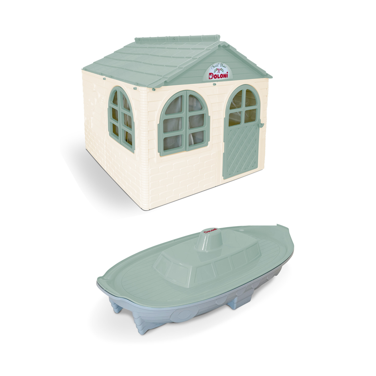 НАБІР Дитячий середній пластиковий будиночок зі шторками і пісочниця Doloni, фото 1