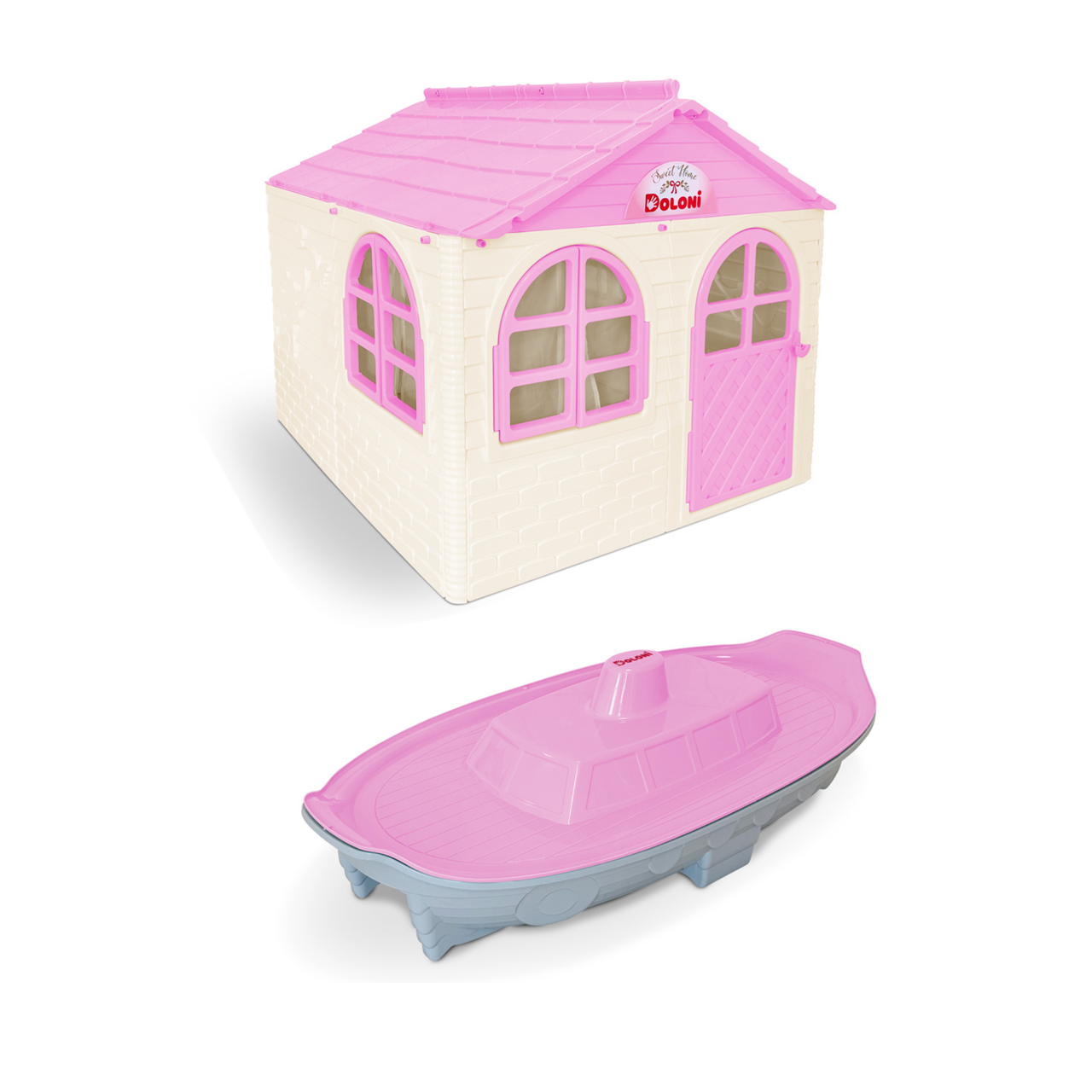 НАБІР Дитячий середній пластиковий будиночок зі шторками і пісочниця Doloni, фото 1
