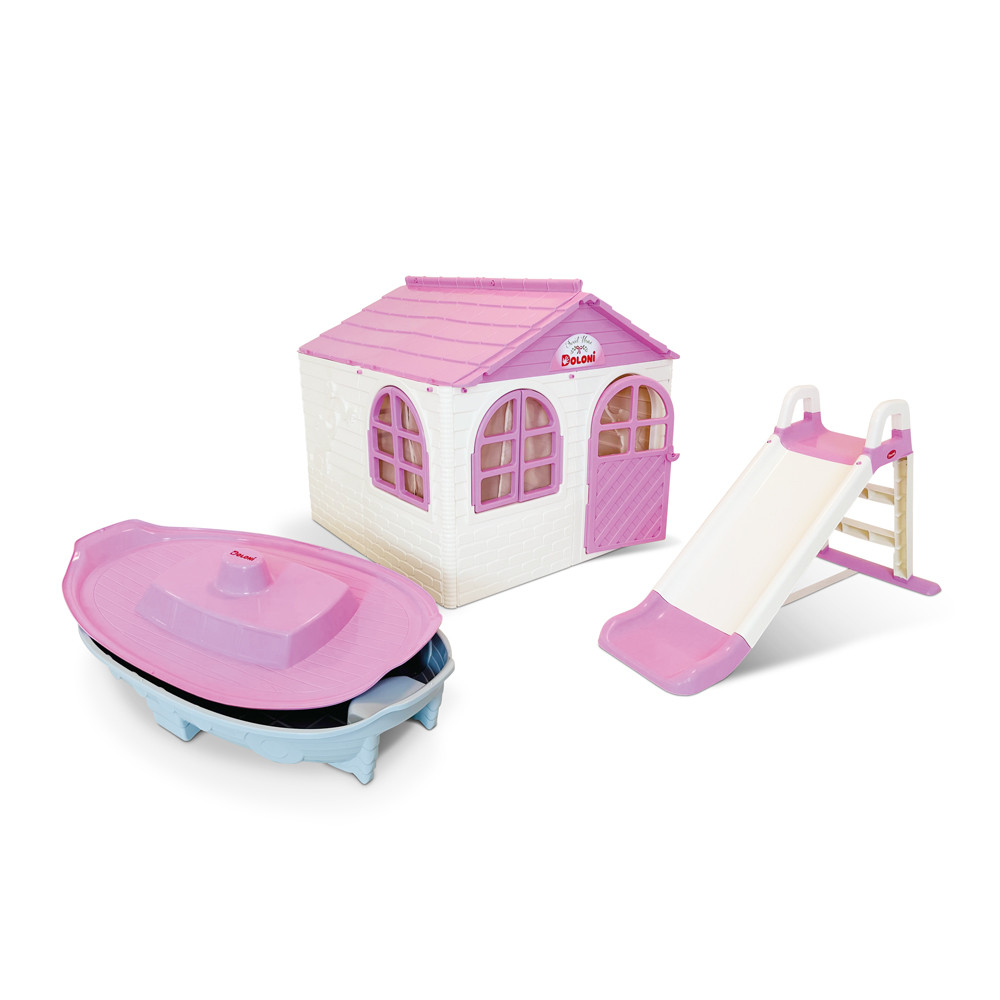 НАБІР Дитячий середній пластиковий будиночок зі шторками, пластикова гірка та пісочниця Doloni, фото 1