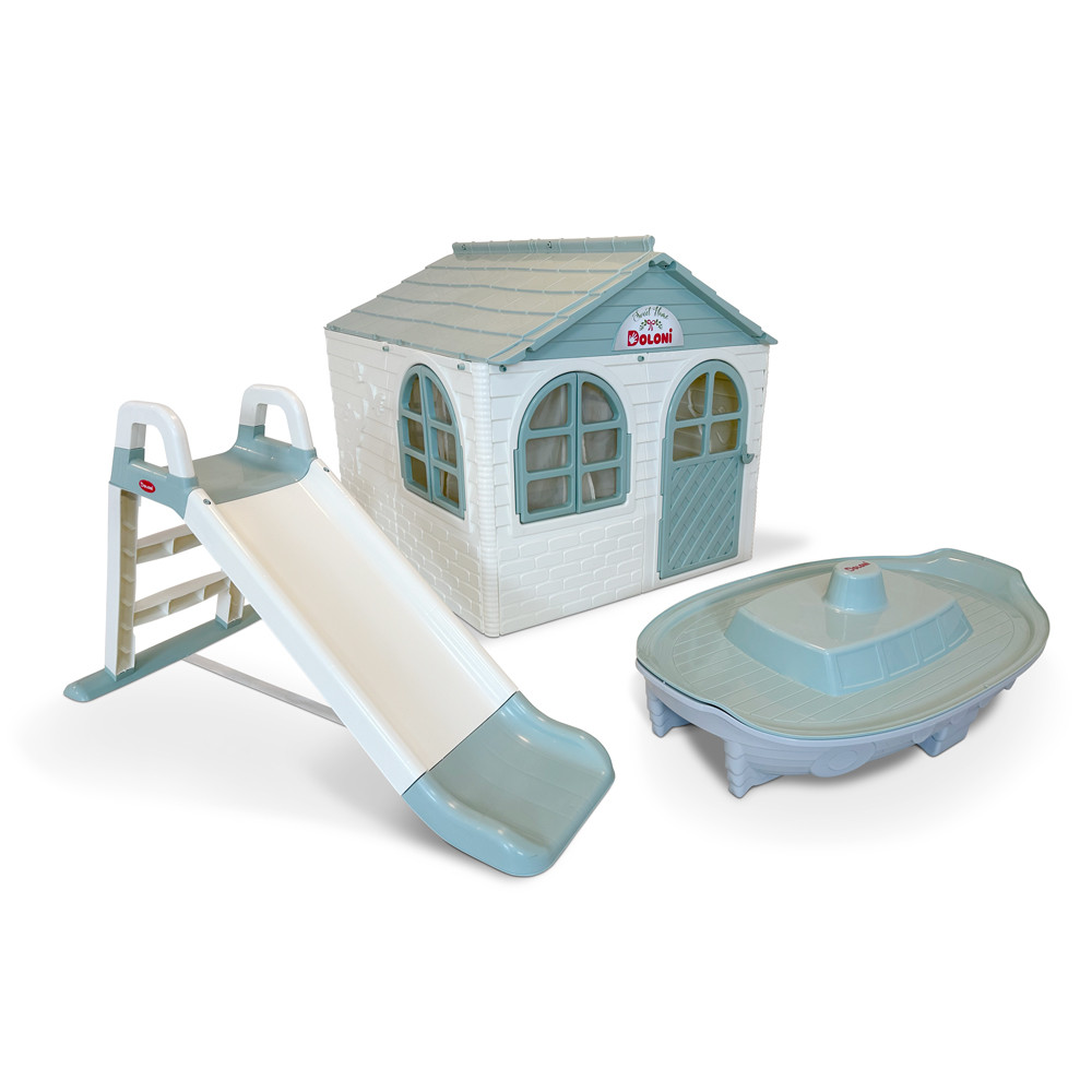 НАБІР Дитячий середній пластиковий будиночок зі шторками, пластикова гірка та пісочниця Doloni, фото 1