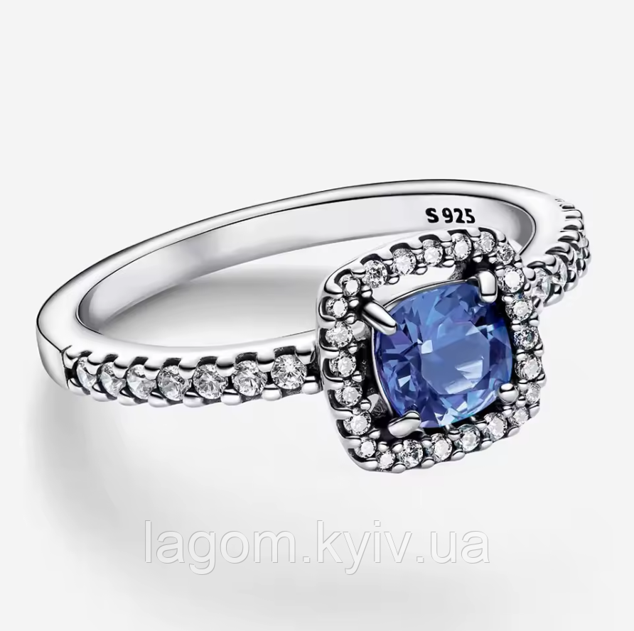 Срібна каблучка в стилі Pandora 925 проба жіноче кільце "Блискучий синій квадрат" Пандора, фото 1