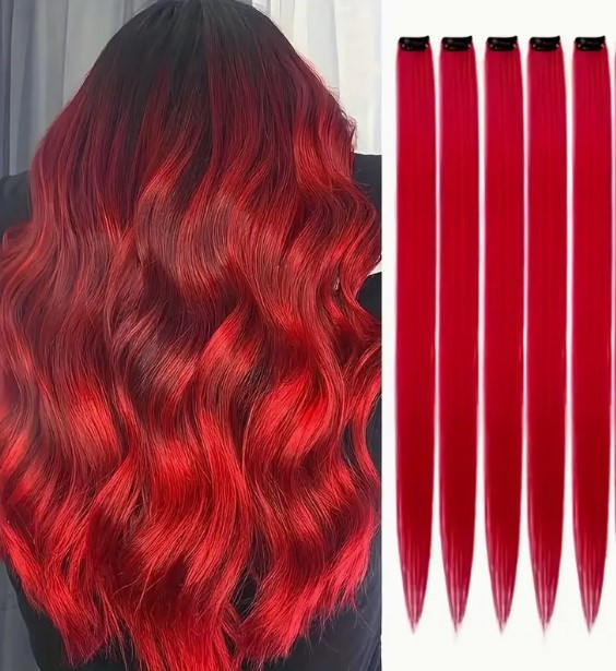 Накладні пасма на шпильках-кліпсах для волосся 55,8 см 5 шт Червоний, фото 1