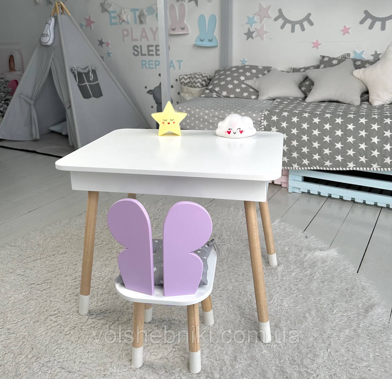 Дитячий столик білий і стільчик фіолетовий метелик. Столик із нішею для олівців і розмальовок, фото 1