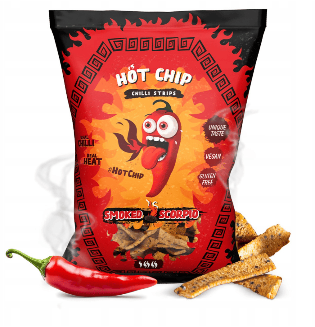 Екстра гострі сухарики Hot Chip Chilli Strips Smoked Scorpio 80г, фото 1