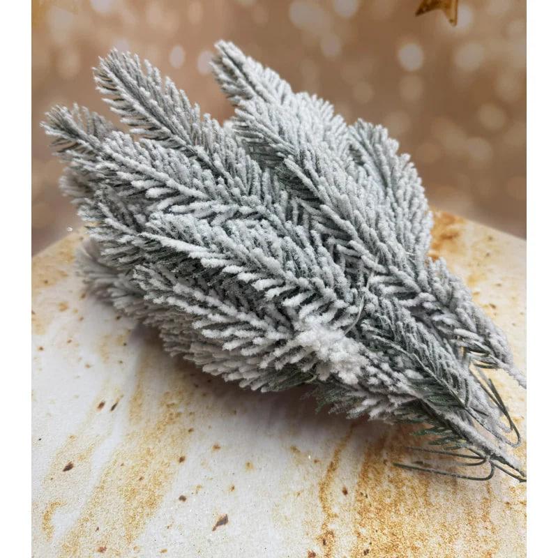 Декоративна гілка п'ятилапка 34 см з ефектом інею для флористики Засніжена зелена 150 шт., фото 1