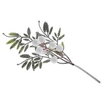 Декоративна глітерна гілка 35 см із зеленим листям і білими ягодами