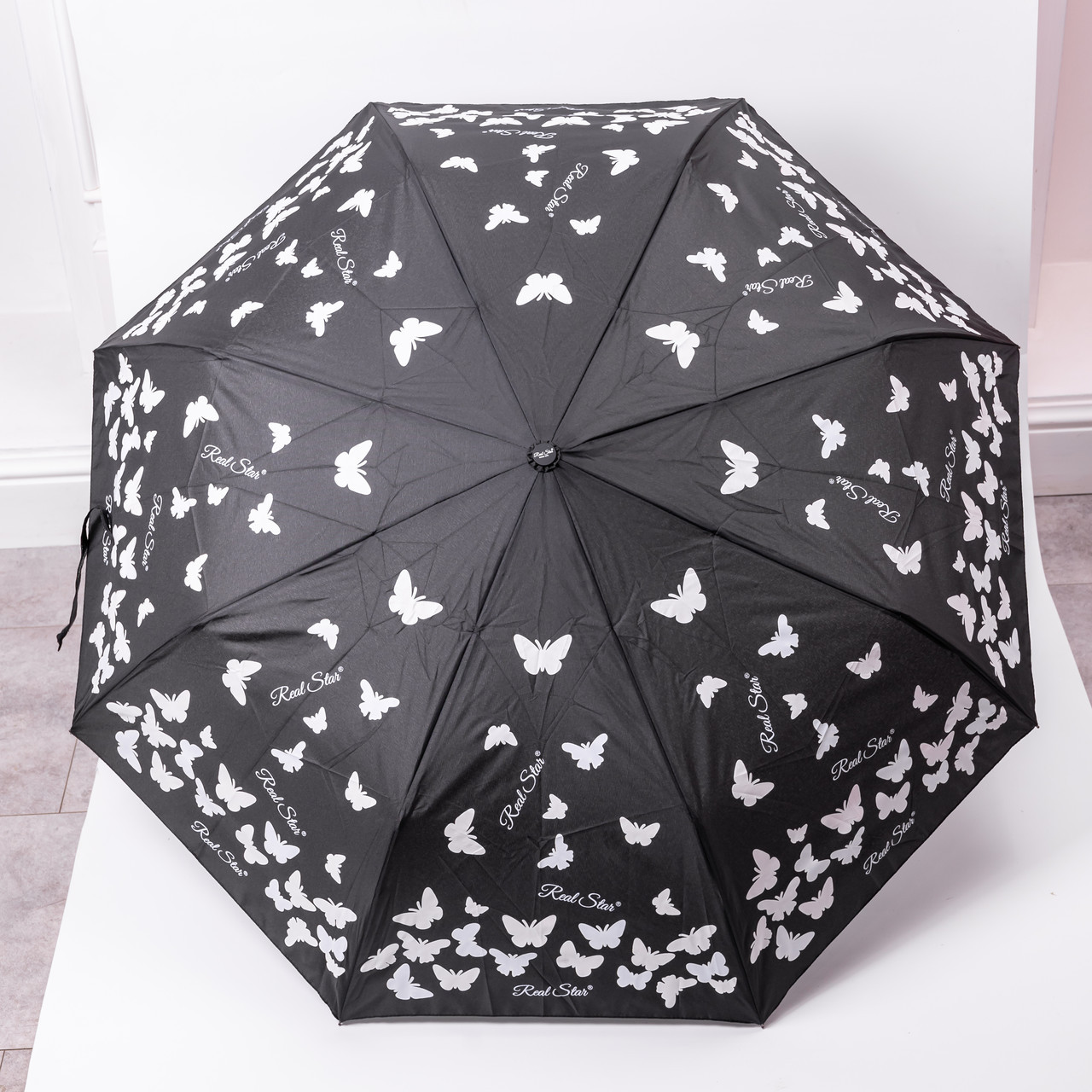 Парасолька напівавтомат з принтом міцна з поліестеру діаметр 97 см Чорна HP-23-2B