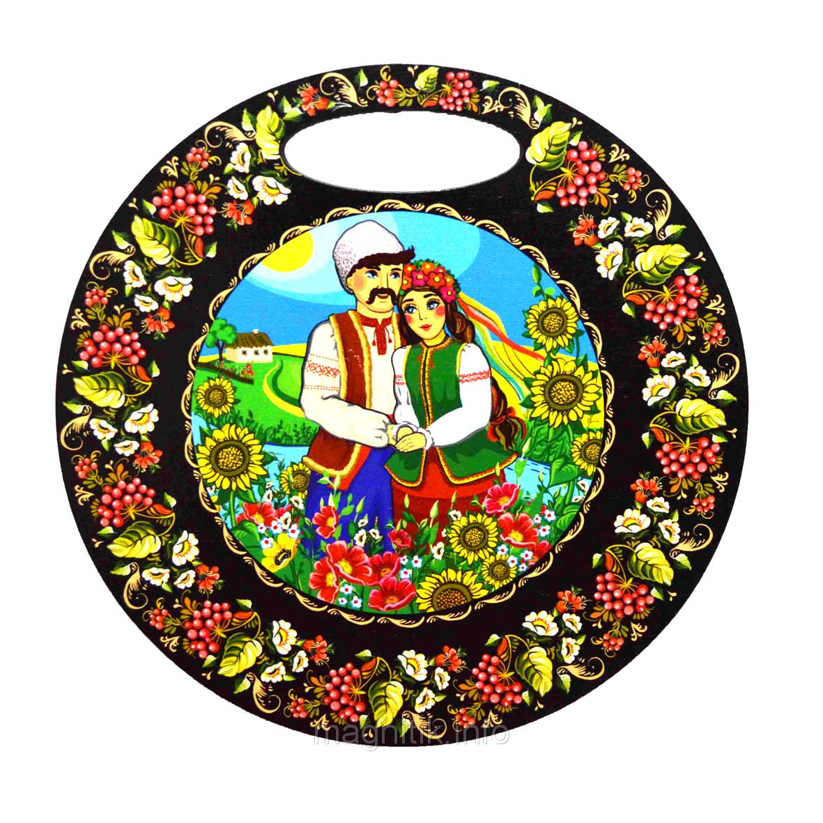 Кухонна кругла дошка "Українська пара в соняшниках і ягодах", фото 1