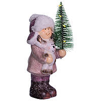 Новорічна фігурка з підсвіткою Дівчинка з ялинкою з фарфору 12×8×23 (см) новорічний декор для дому, квартири, офісу CR-5-3