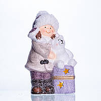 Новорічна Фігурка CR-5-5. Дівчинка з Ведмежам, Порцеляна, LED Підсвітка, 20 см, Декор/Подарунок