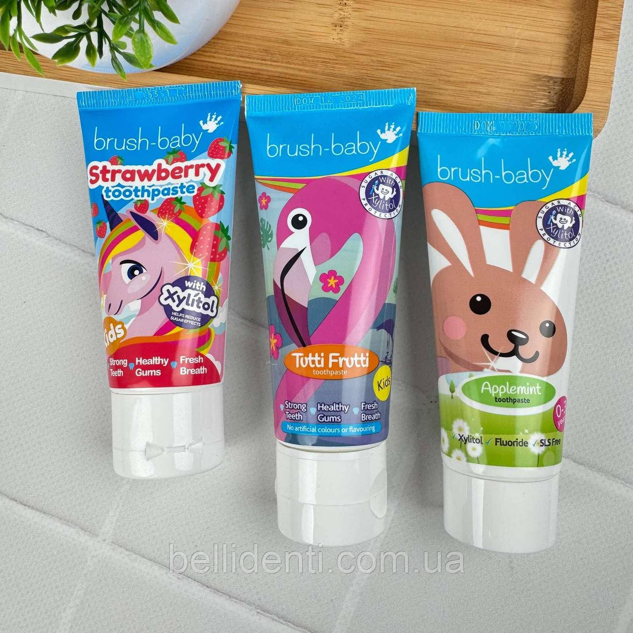 Дитячі зубні пасти Brush-Baby від 3 років (зайчик, едіноріжка, фламінго), 3 шт по 50 мл