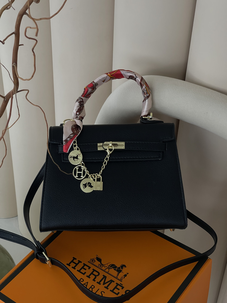 Сумка жіноча Hermes Kelly Kelly з хустинкою чорний 25*20см, фото 1