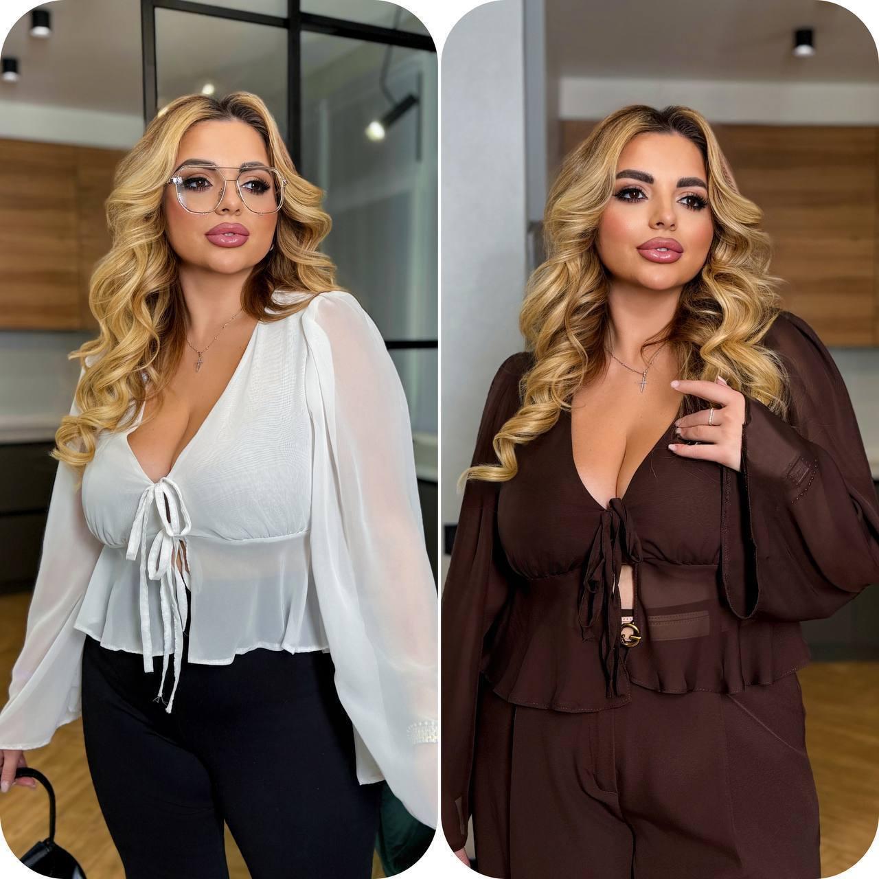 Кофтинка шифонова з завʼязками Модель: 801-242 Колір: молочний, шоколад, фото 1