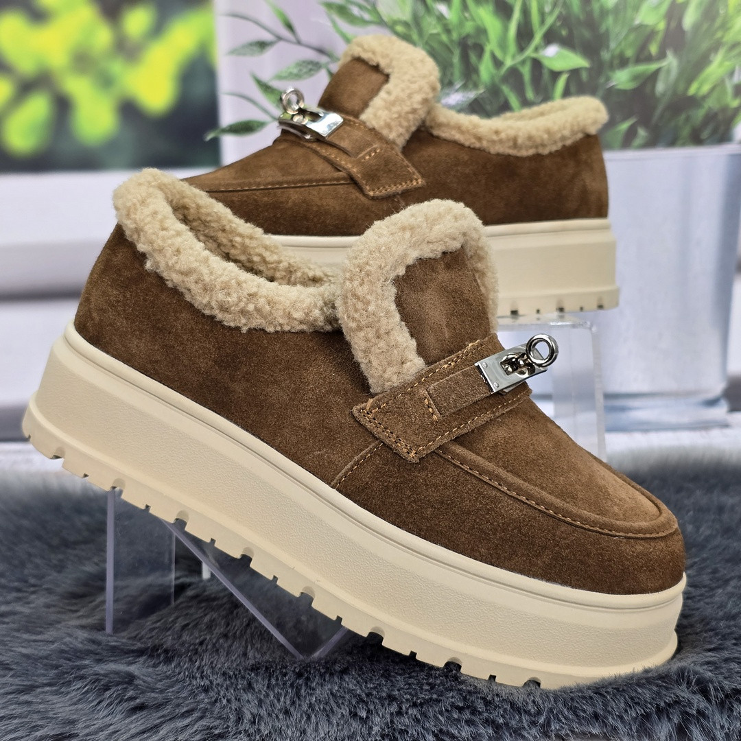 Жіночі зимові лофери ITTS коричневі з натуральної замші на хутрі 8204