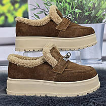 Жіночі зимові лофери ITTS коричневі з натуральної замші на хутрі 8204, фото 2