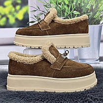 Жіночі зимові лофери ITTS коричневі з натуральної замші на хутрі 8204, фото 3