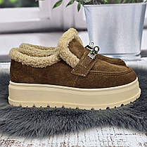 Жіночі зимові лофери ITTS коричневі з натуральної замші на хутрі 8204, фото 4